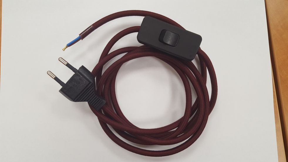 Cordon 2000mm (1200+800) rond tissu bordeaux 2x0.75 + inter main + fiche noir