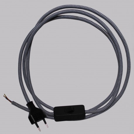 Cordon 2000mm (1200+800) rond tissu noir & blanc 2x0.75 + inter main + fiche noir