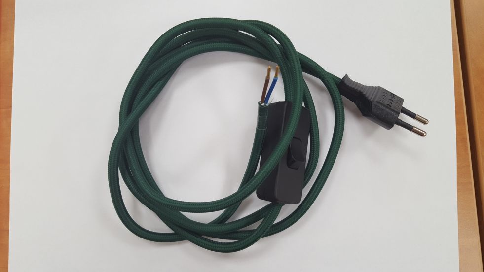 Cordon 2000mm (1200+800) rond tissu vert sapin 2x0.75 + inter main + fiche noir