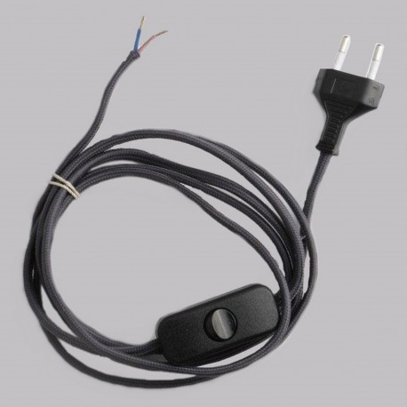 [FIM2200TISSGRF] Cordon 2200mm (1200+1000) plat tissu gris fonce + inter main + fiche noir